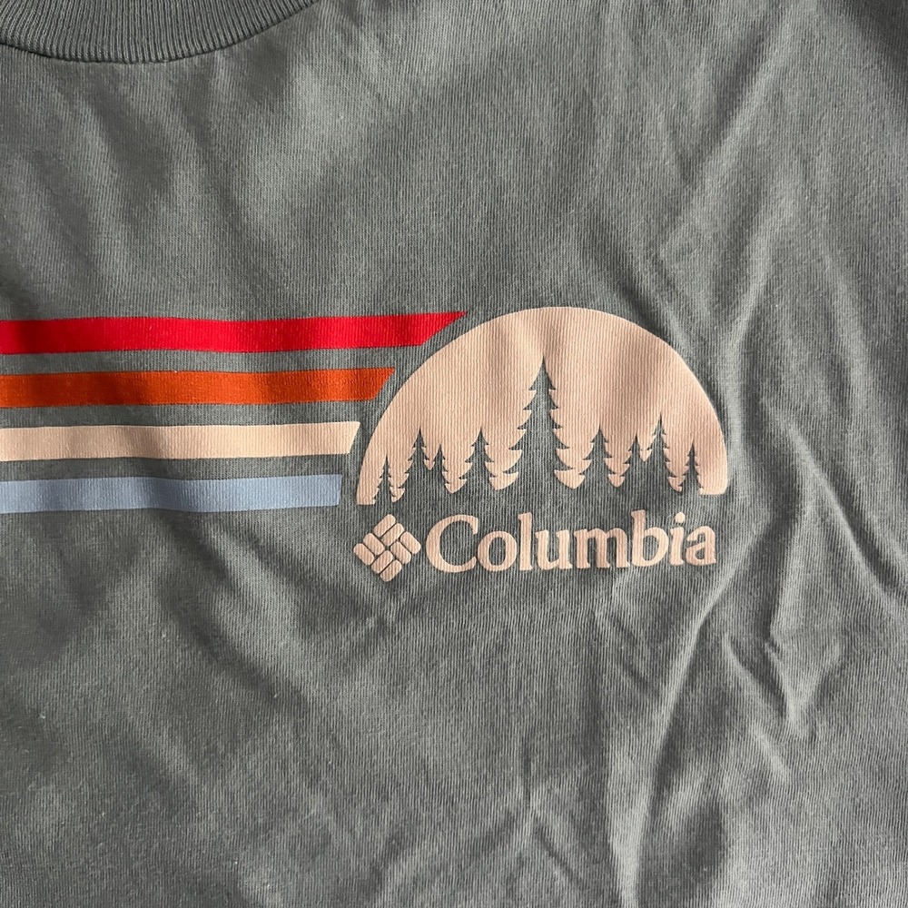 Columbia Sportswear Men's Large Sage Green Retro‎ Stripe Sunset Graphic T-Shirt - Picture 4 of 9
